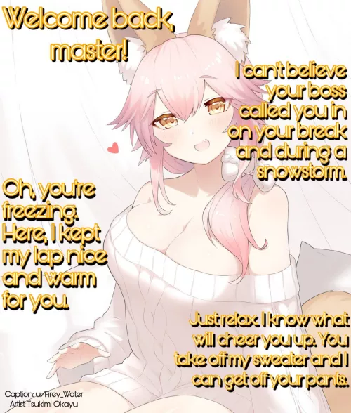 Warming you up after a cold day at work. [Wholesome] [Cuddling] [Implied sex]