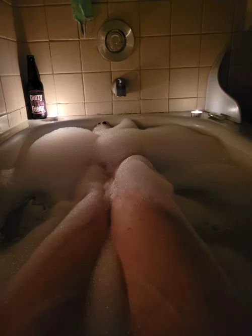 Was feeling a bit anxious tonight and a bit achy. Daddy's parting commands before he left for work was to take a hot bubble bath and have a beer. This is me being his good girl. I just wanted to go to bed, but he gave me an order, and he always knows wh