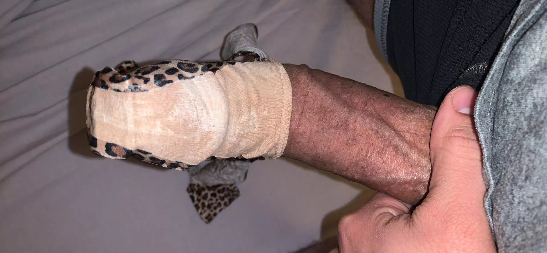 Wearing u/jjenkins245 dirty cheetah thong on my cock