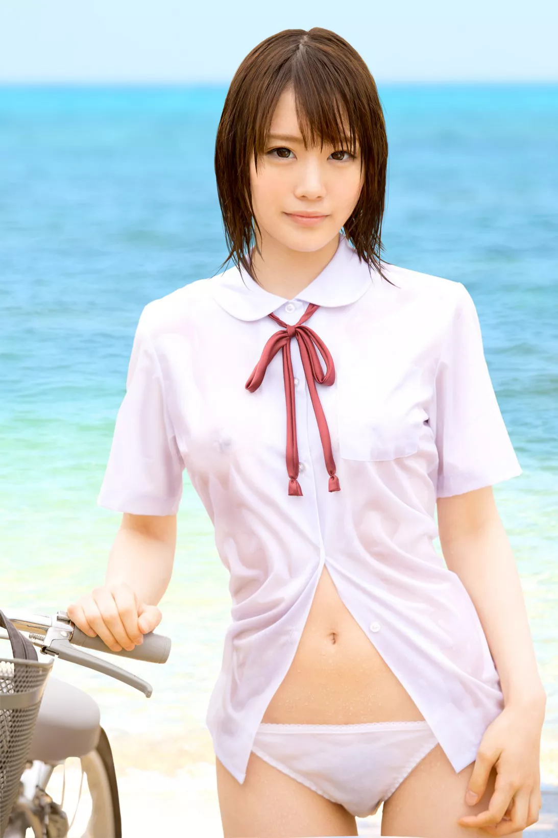 Wet at the beach in shallow area with uniform and a bike? Not sure how such a scenario happens. | Suzumura Airi Wet at the beach in shallow area with uniform and a bike? Not sure how such a scenario happens. | Suzumura Airi