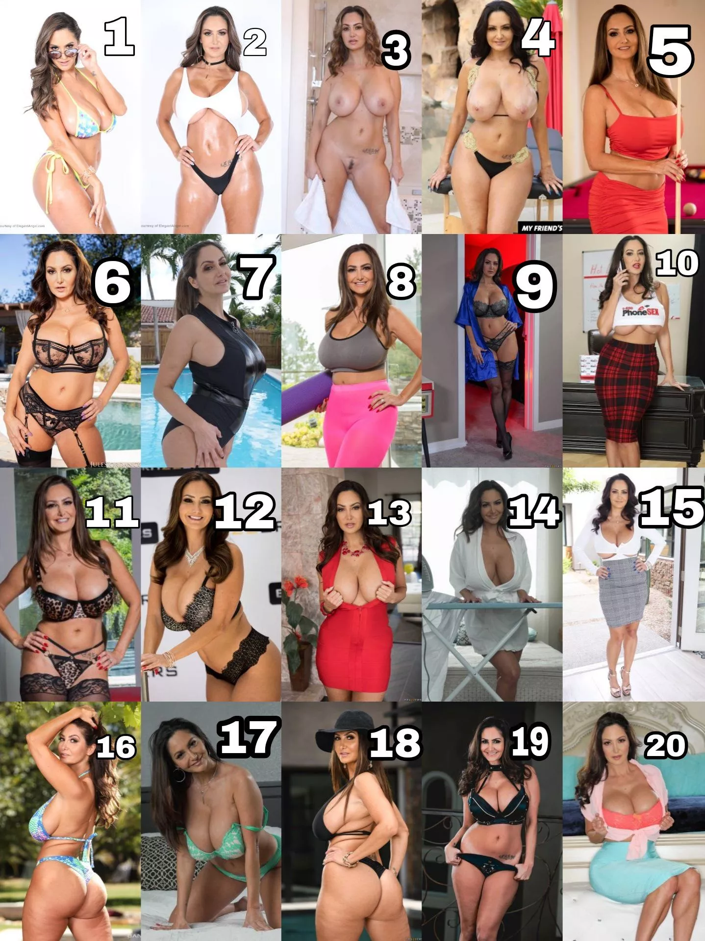 Which Ava Addams scene you don't get tired of seeing or makes you ejaculate like a bull every time you see it?Mine is 6,13 and 18, whenever I see her with those clothes she makes me hard (I know there were more missing but I will only put some)