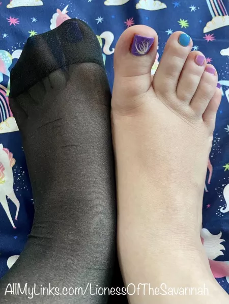 Which is better? My freshly done multicolored toes or my feet in nylons?! π Which is better? My freshly done multicolored toes or my feet in nylons?! π