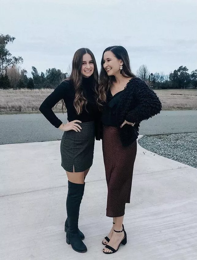 Which sister is getting bent over in their skirt? [2]