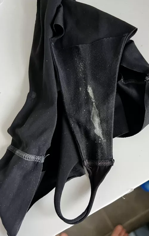 Wife’s thong after workout … smells like pussy, pee and sweat. Makes me so hard