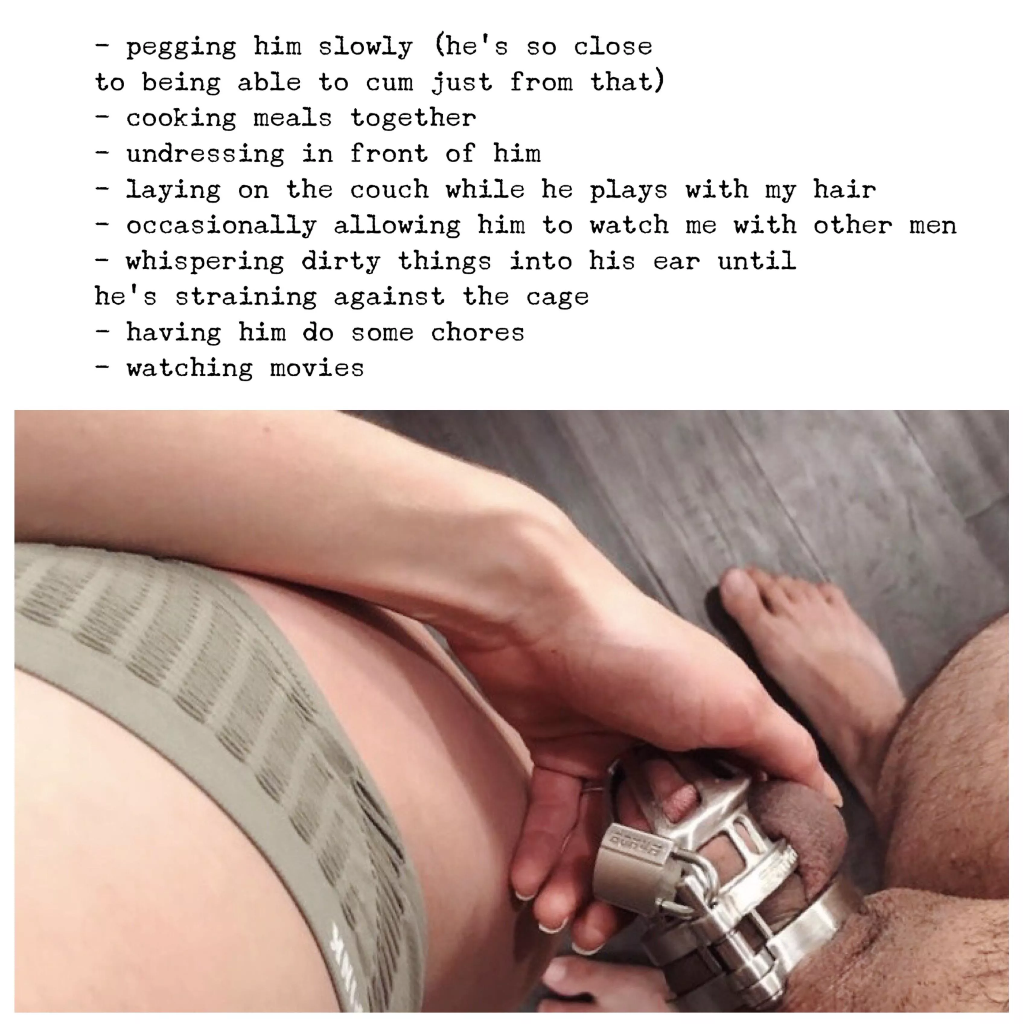 wrote down some of my favourite things to do with my husband when he’s locked in chastity. what are yours? x