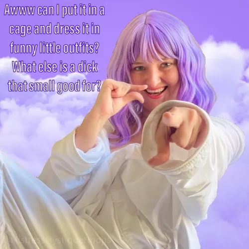 Your miniature penis would look so much better in a cage and a funny hat 💜😈💜[domme]