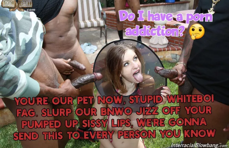 You're surrounded by a forest of black cocks, slurping up their superior jizz, while wearing a dog cone. Maybe you have a porn addiction? Nah, you can control how much IR porn you watch, right?